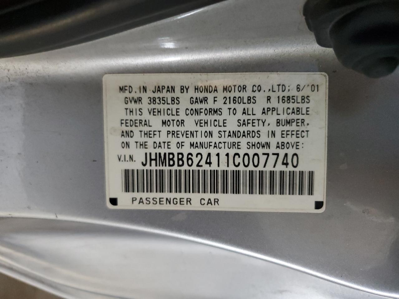 2001 Honda Prelude VIN: JHMBB62411C007740 Lot: 92720555