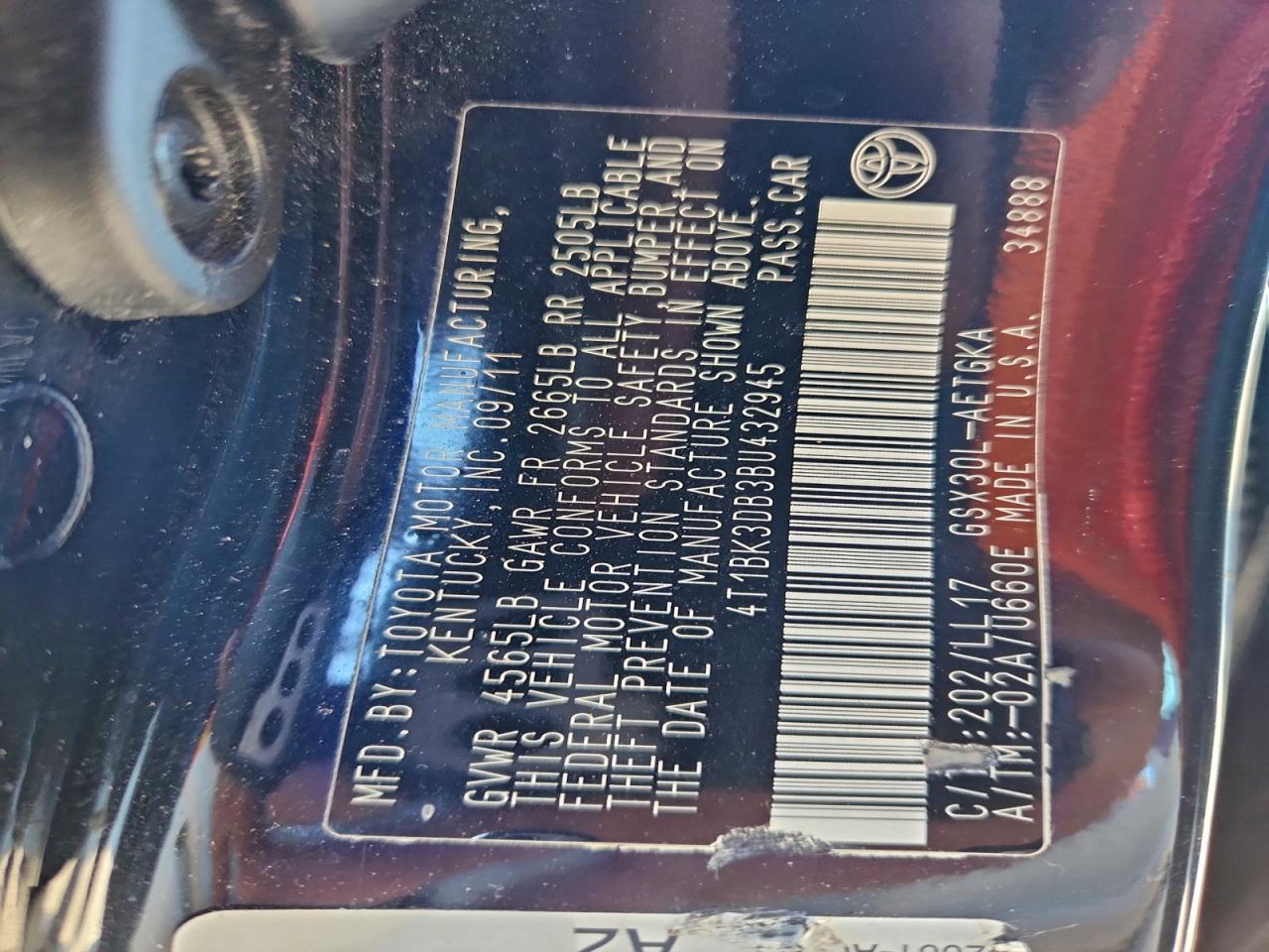 2011 Toyota Avalon Base VIN: 4T1BK3DB3BU432945 Lot: 93861895