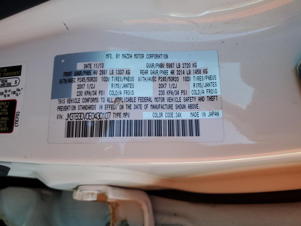 2014 Mazda Cx-9 Grand Touring VIN: JM3TB3DV0E0430107 Lot: 92584195