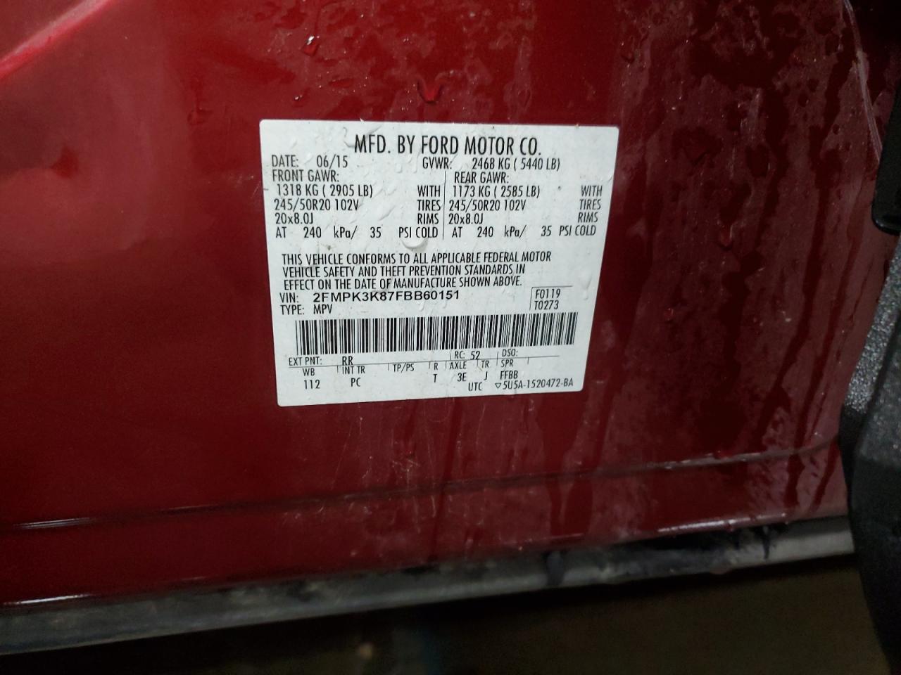 2015 Ford Edge Titanium VIN: 2FMPK3K87FBB60151 Lot: 91476935