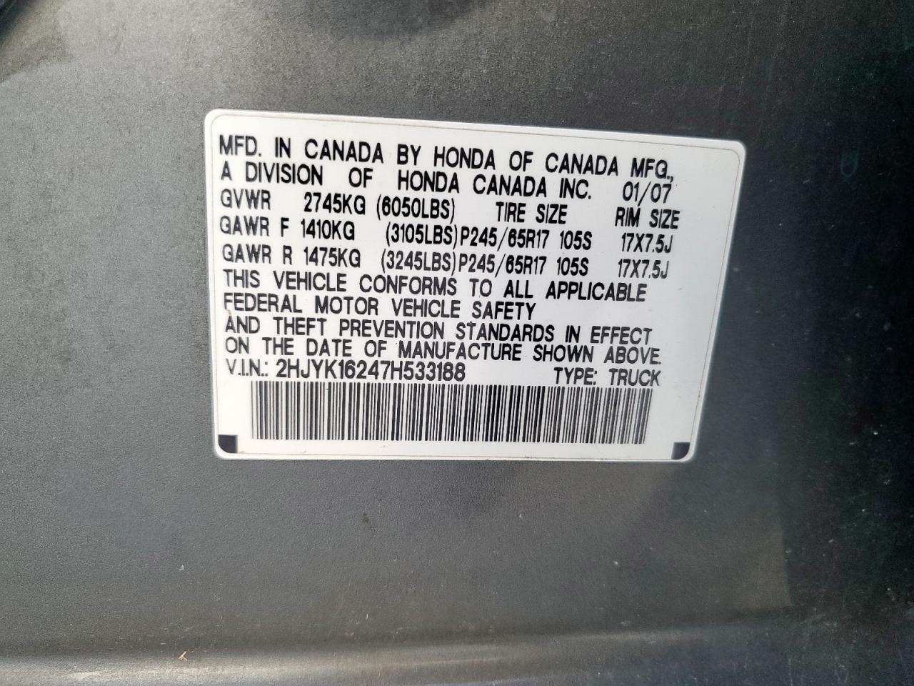 2007 Honda Ridgeline Rt VIN: 2HJYK16247H533188 Lot: 90727575