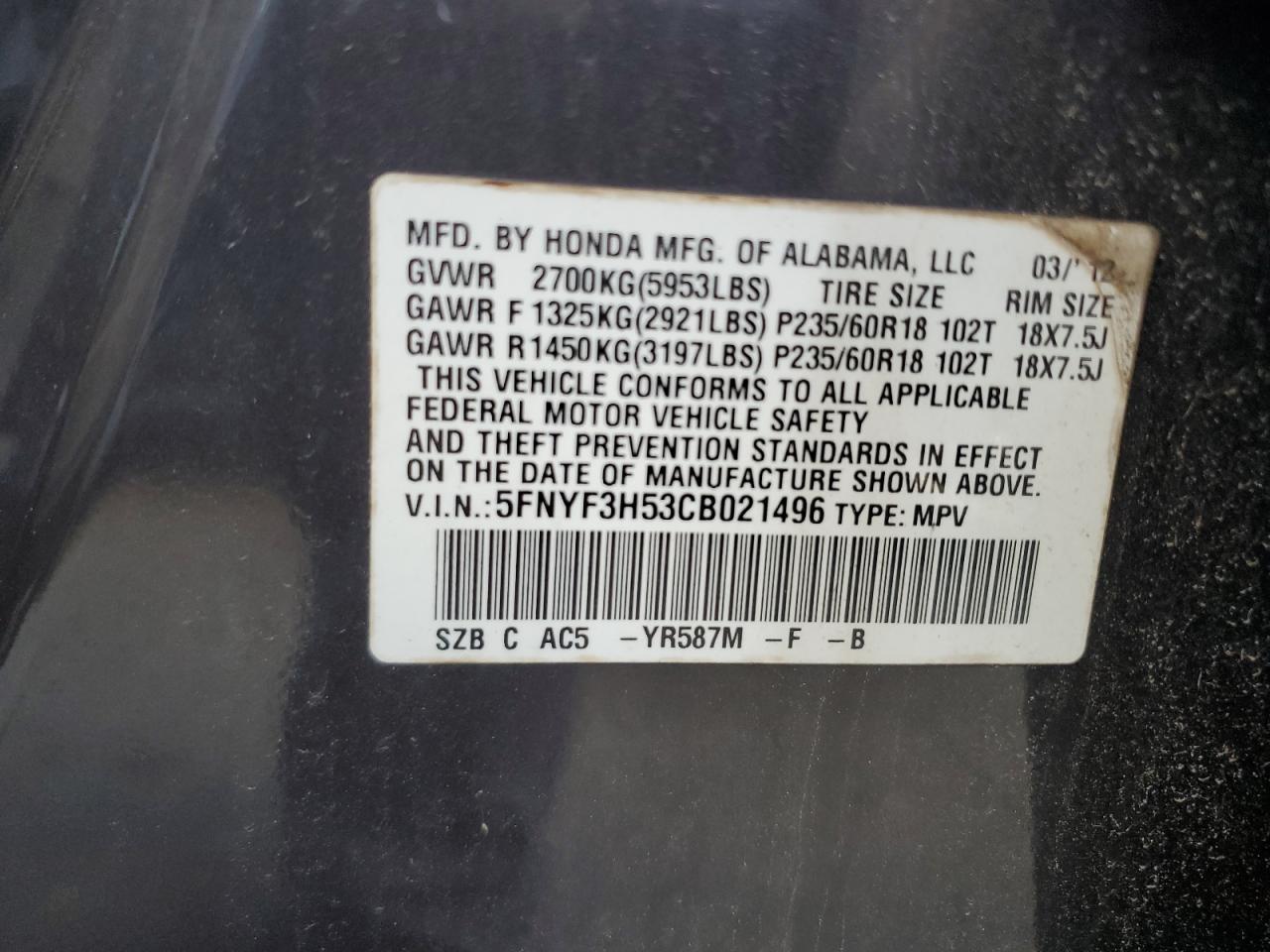 2012 Honda Pilot Exl VIN: 5FNYF3H53CB021496 Lot: 91457725