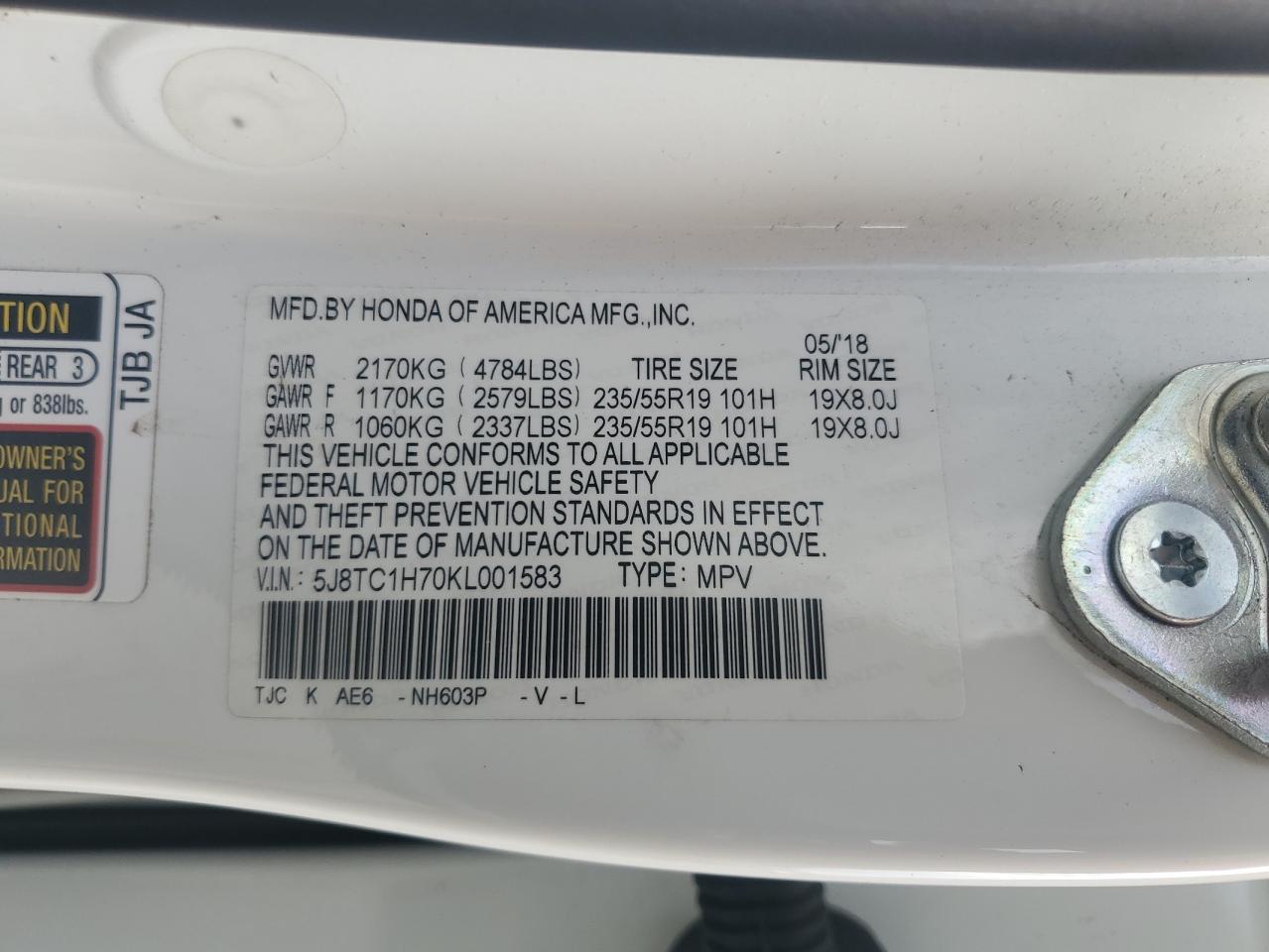 2019 Acura Rdx Advance VIN: 5J8TC1H70KL001583 Lot: 93336595