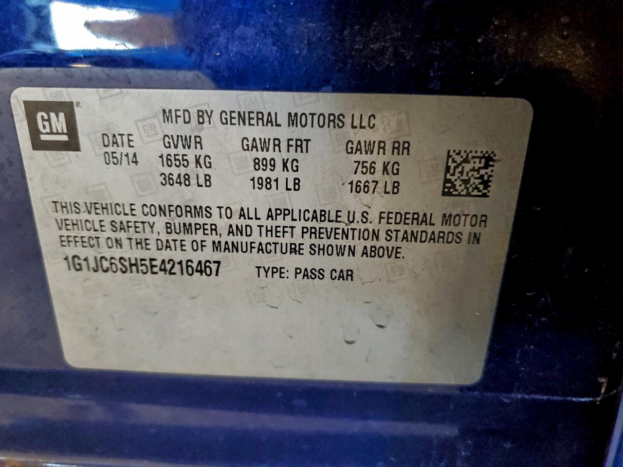 2014 Chevrolet Sonic Lt VIN: 1G1JC6SH5E4216467 Lot: 94362255