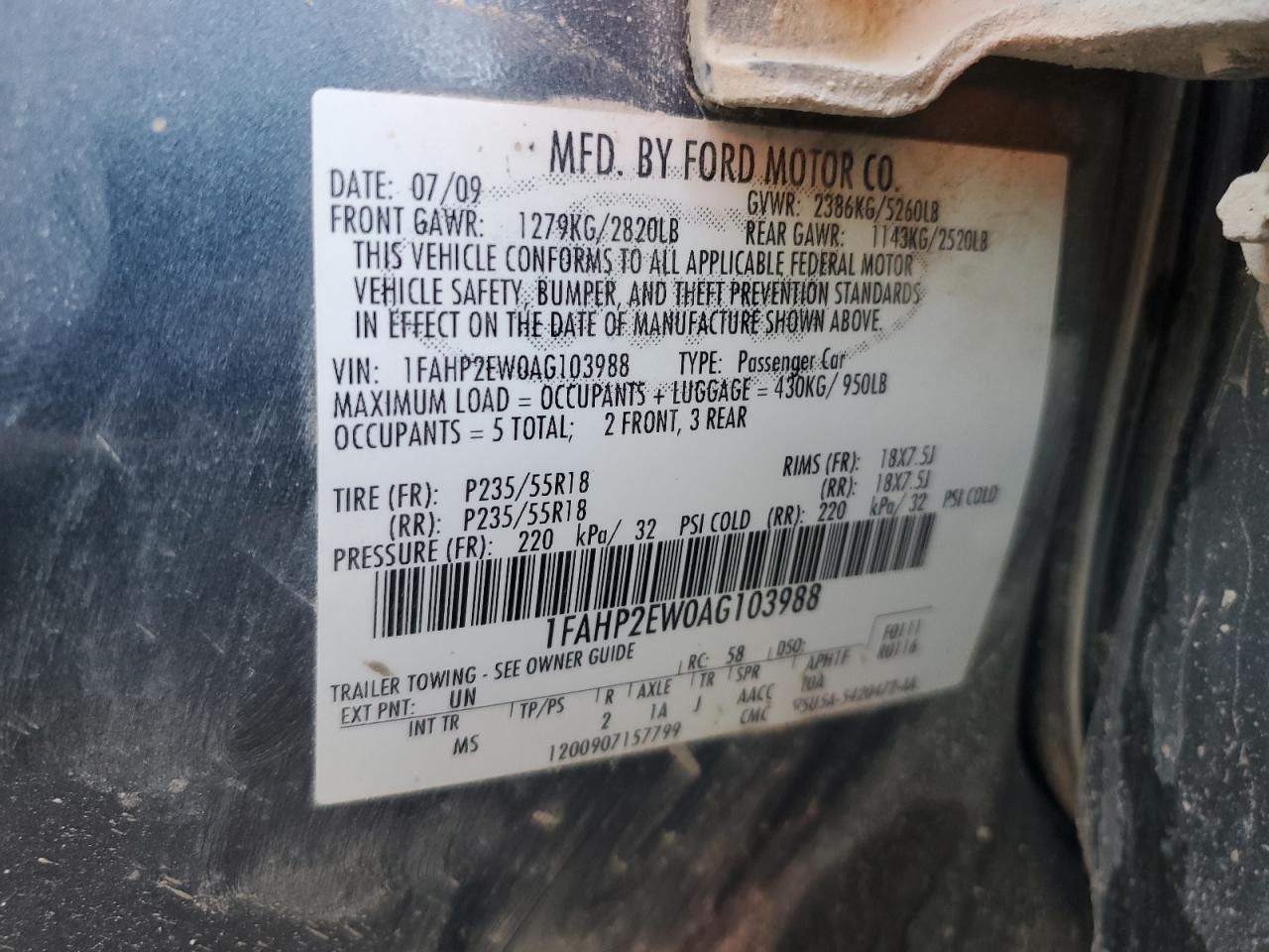 2010 Ford Taurus Sel VIN: 1FAHP2EW0AG103988 Lot: 85437205