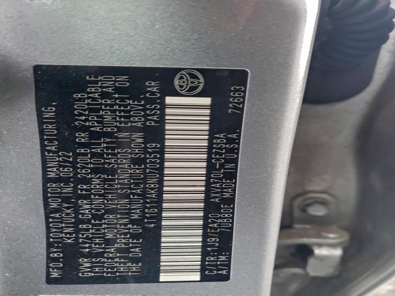 2022 Toyota Camry Se VIN: 4T1G11AK8NU703519 Lot: 93864285