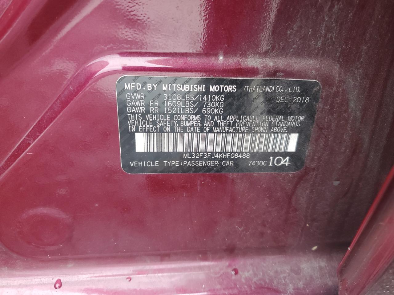 2019 Mitsubishi Mirage G4 Es VIN: ML32F3FJ4KHF08488 Lot: 93442735