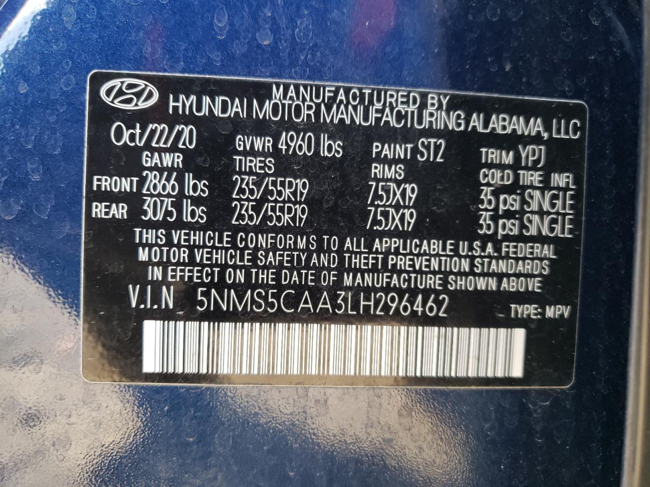 2020 Hyundai Santa Fe Limited VIN: 5NMS5CAA3LH296462 Lot: 93015725