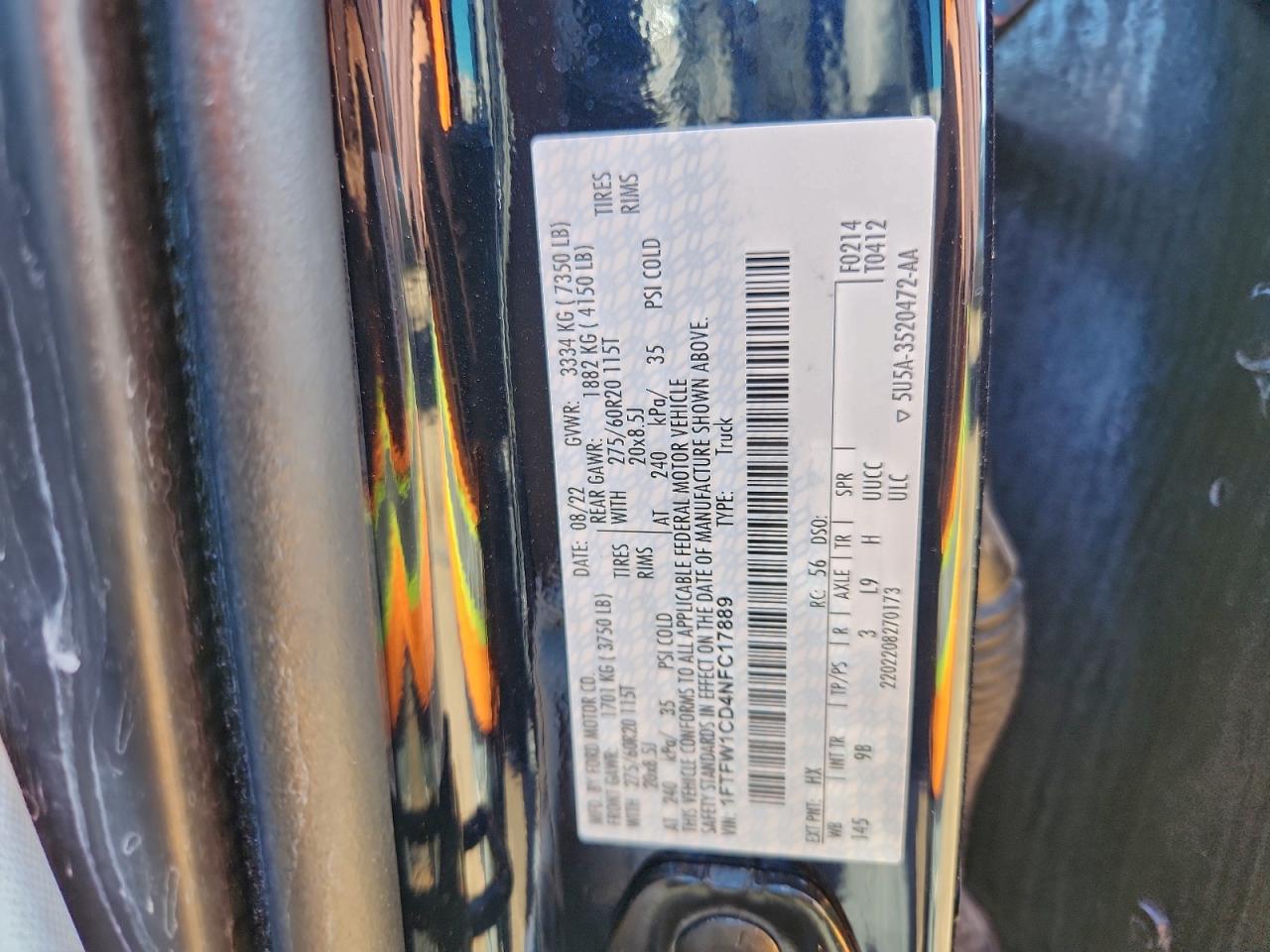 2022 Ford F150 Supercrew VIN: 1FTFW1CD4NFC17889 Lot: 94504705