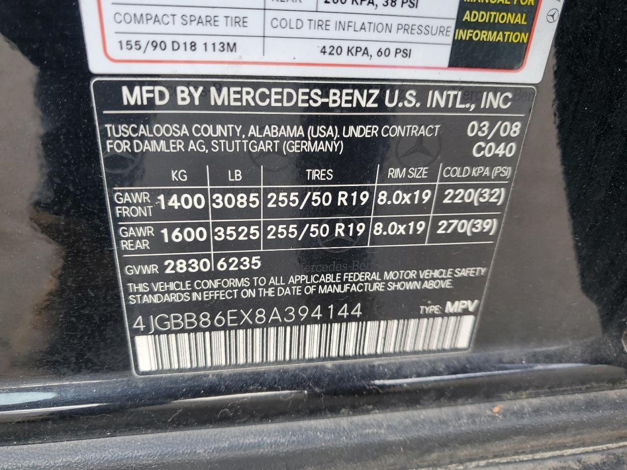 2008 Mercedes-Benz Ml 350 VIN: 4JGBB86EX8A394144 Lot: 92191455