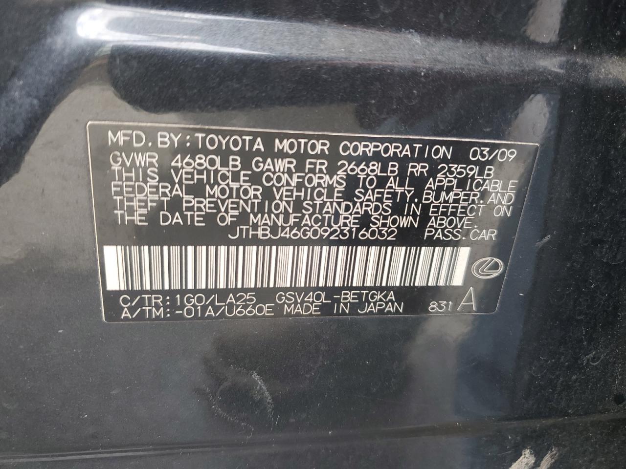 2009 Lexus Es 350 VIN: JTHBJ46G092316032 Lot: 92887655