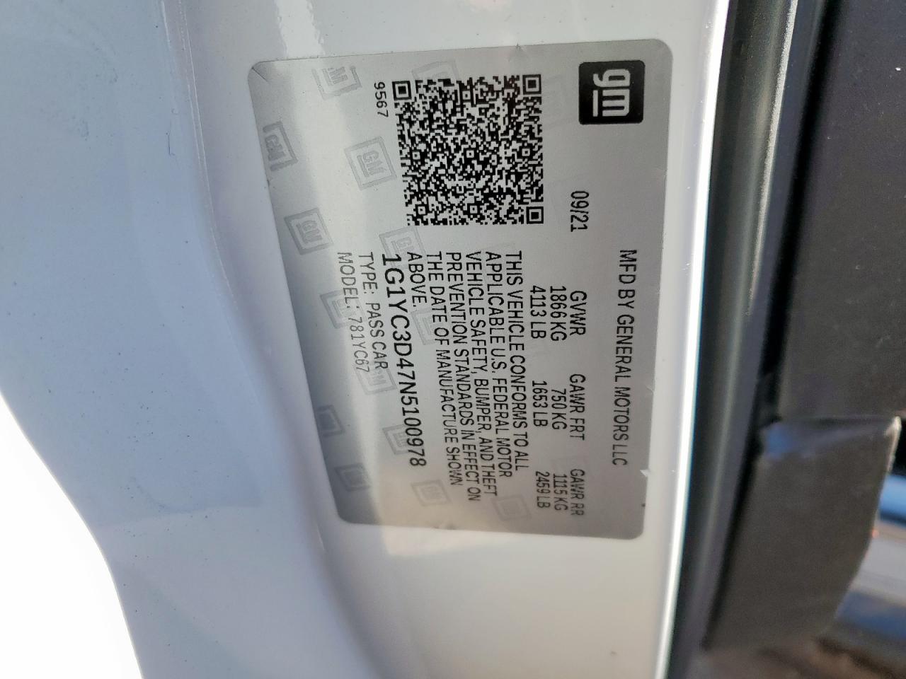 2022 Chevrolet Corvette Stingray 3Lt VIN: 1G1YC3D47N5100978 Lot: 92010235