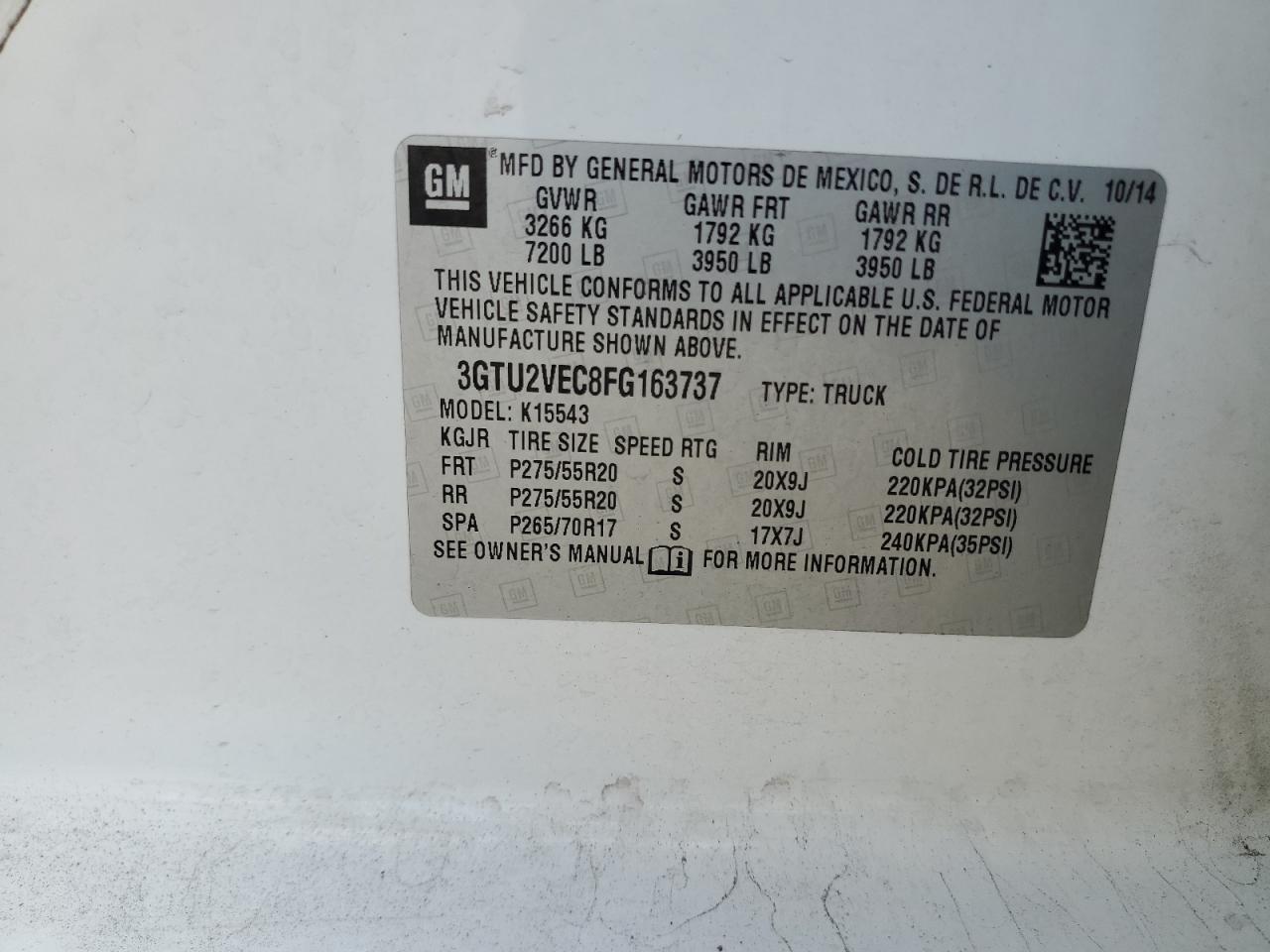 2015 GMC Sierra K1500 Slt VIN: 3GTU2VEC8FG163737 Lot: 93309465