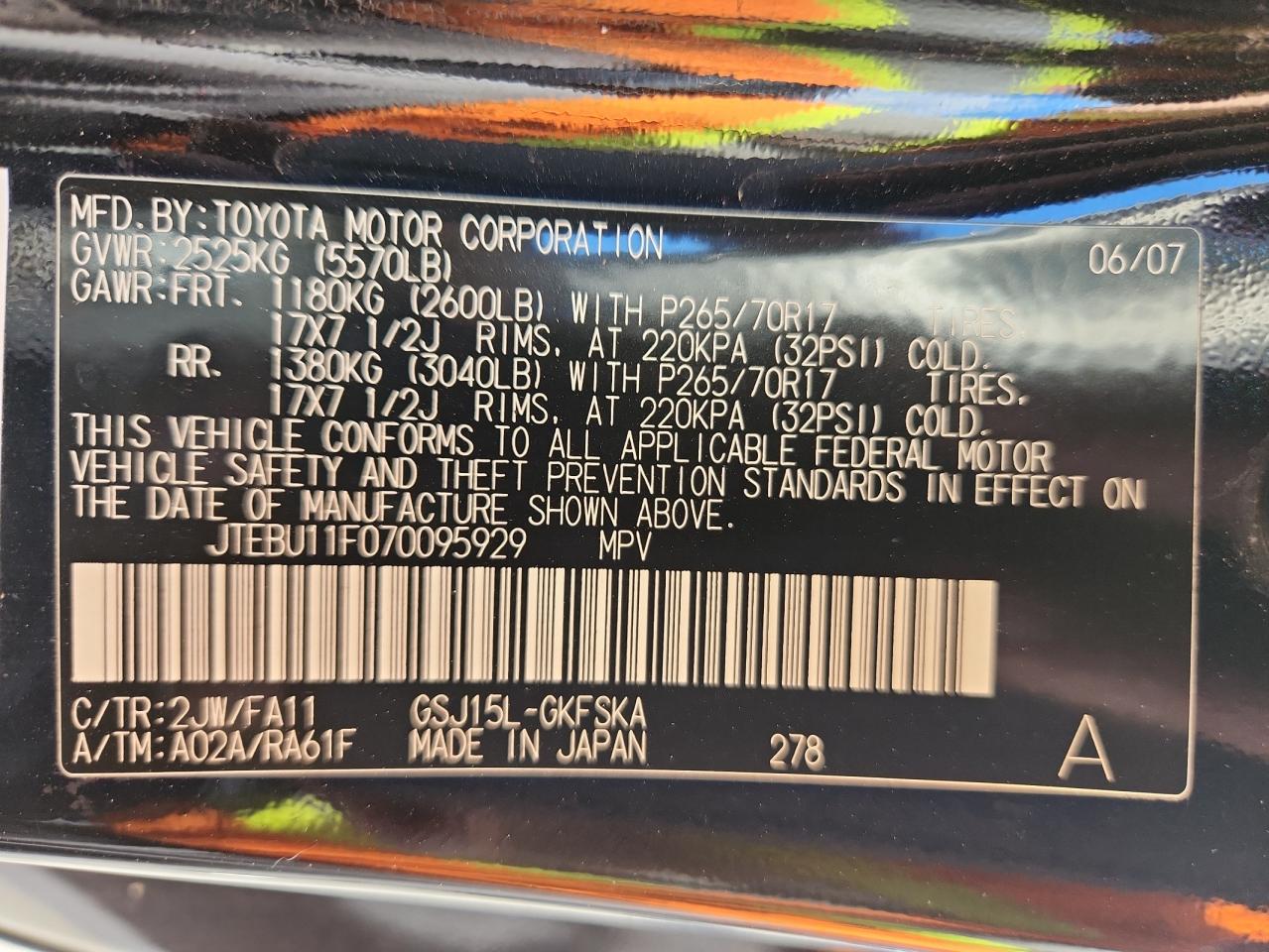 2007 Toyota Fj Cruiser VIN: JTEBU11F070095929 Lot: 93185835