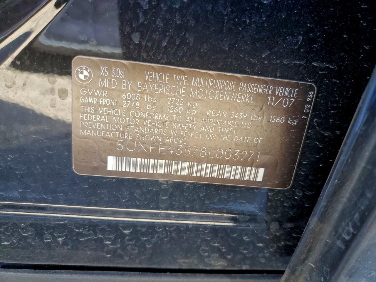 2008 BMW X5 3.0I VIN: 5UXFE43578L003271 Lot: 93894255