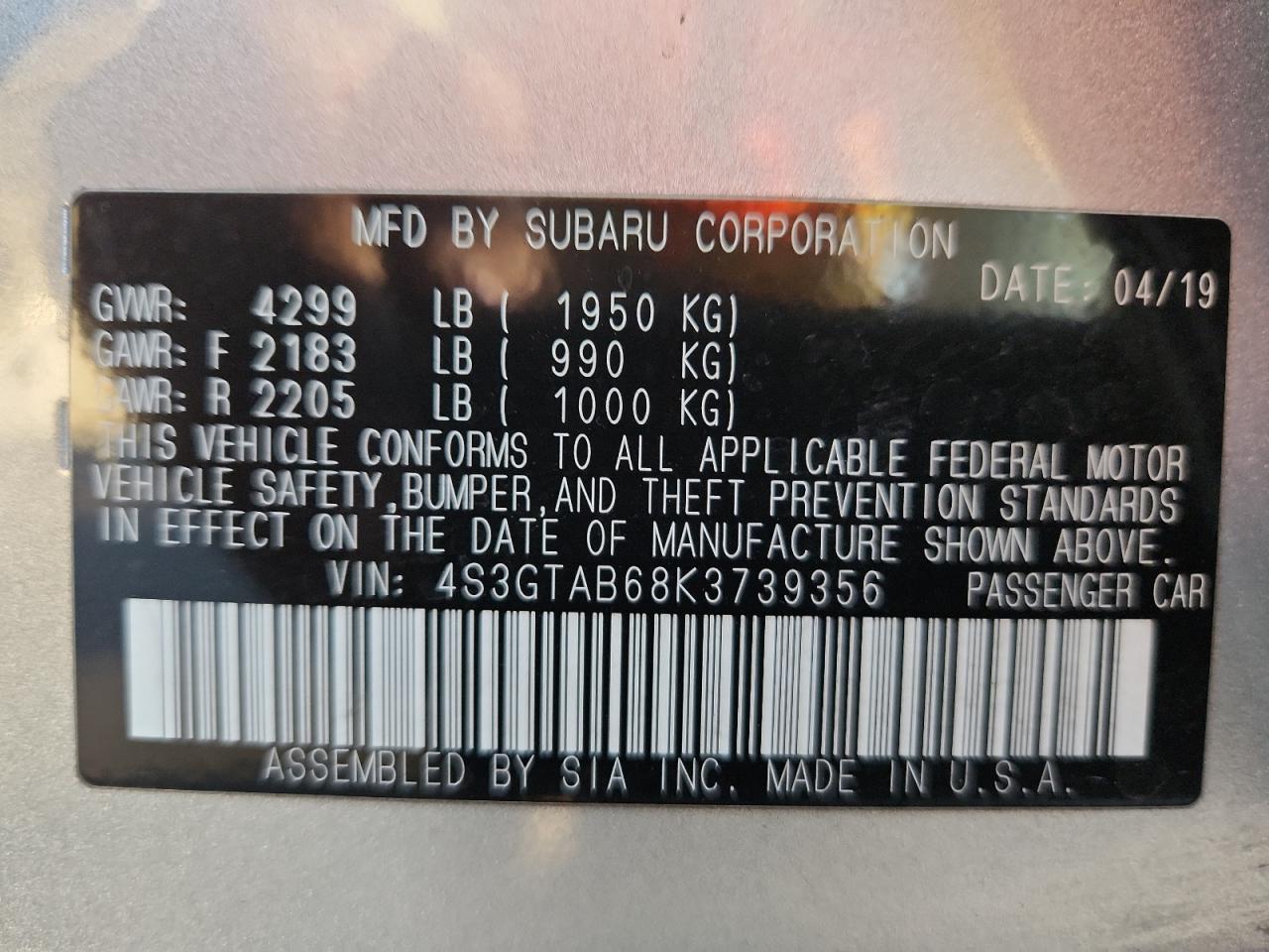 2019 Subaru Impreza VIN: 4S3GTAB68K3739356 Lot: 93228835