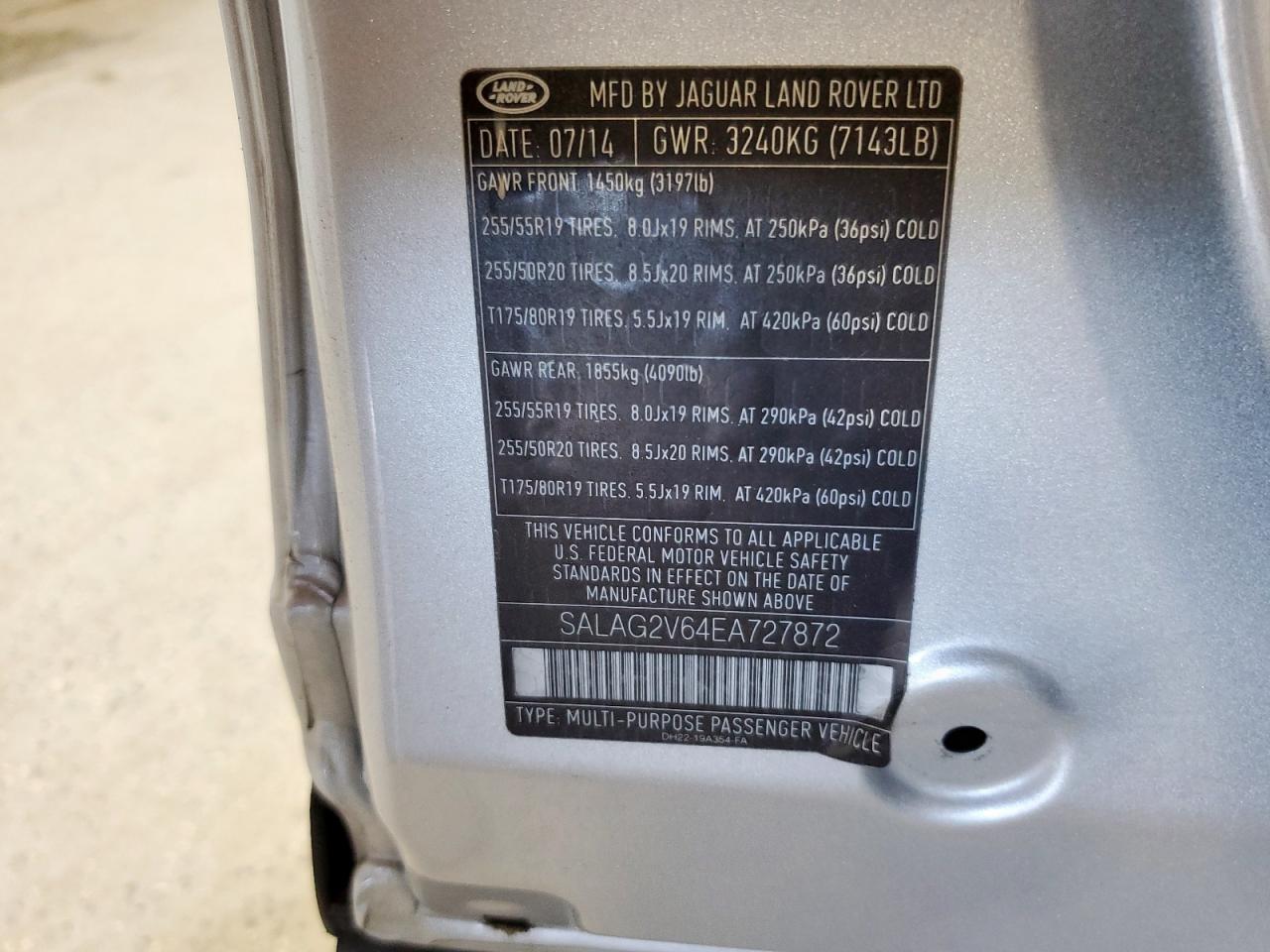 2014 Land Rover Lr4 Hse VIN: SALAG2V64EA727872 Lot: 93050015