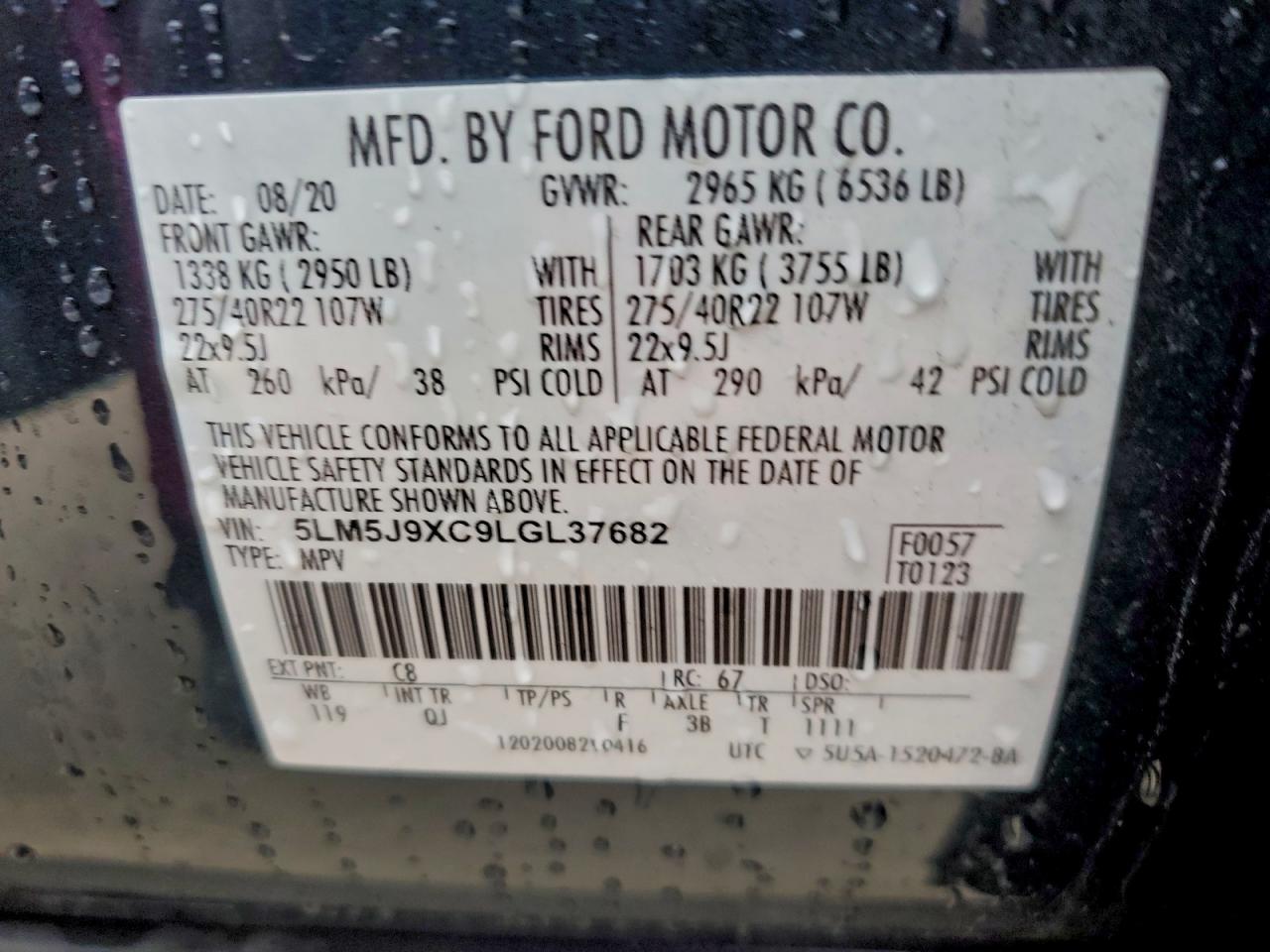 2020 Lincoln Aviator Black Label VIN: 5LM5J9XC9LGL37682 Lot: 94068035