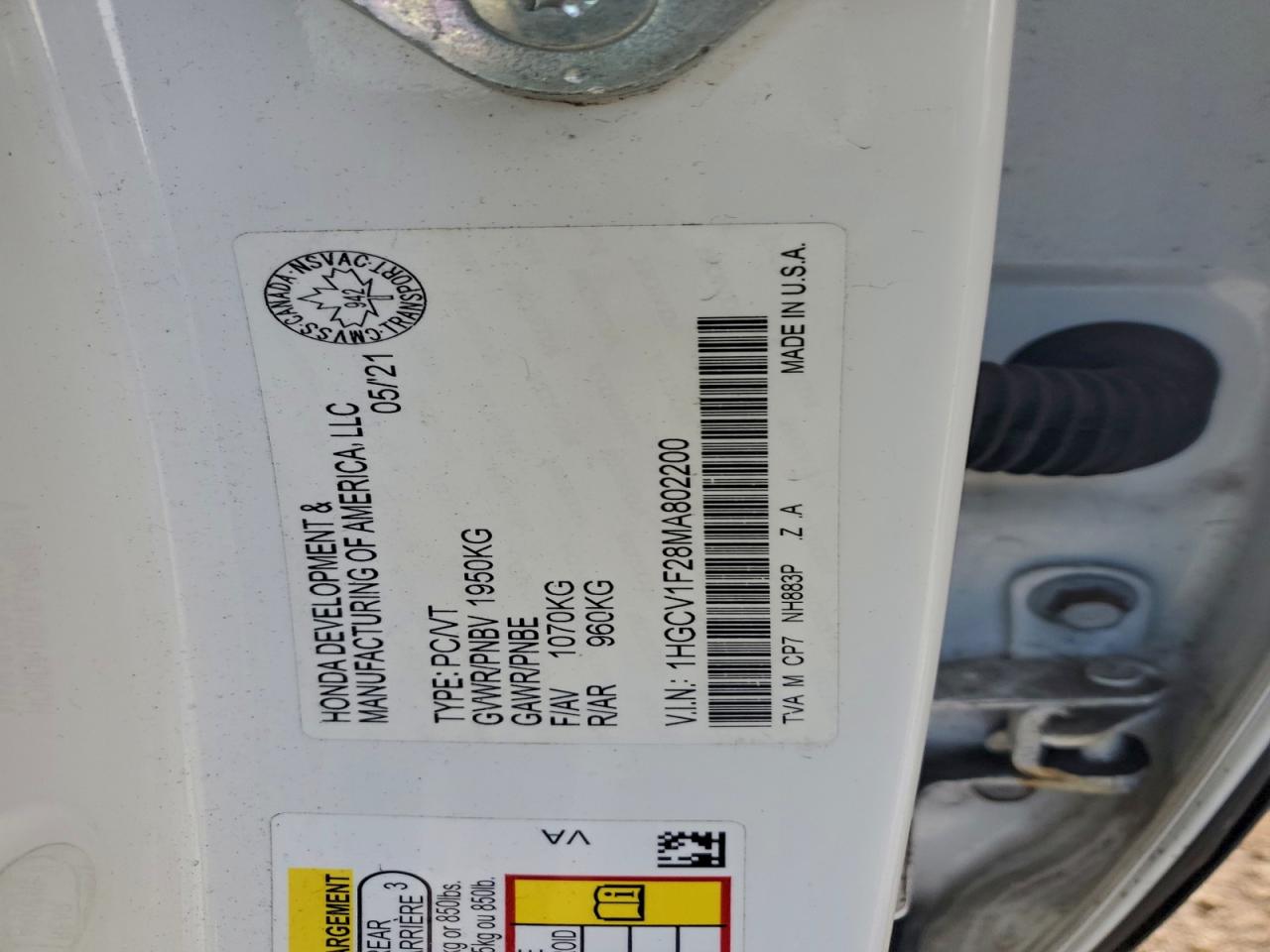 2021 Honda Accord Se VIN: 1HGCV1F28MA802200 Lot: 94170205