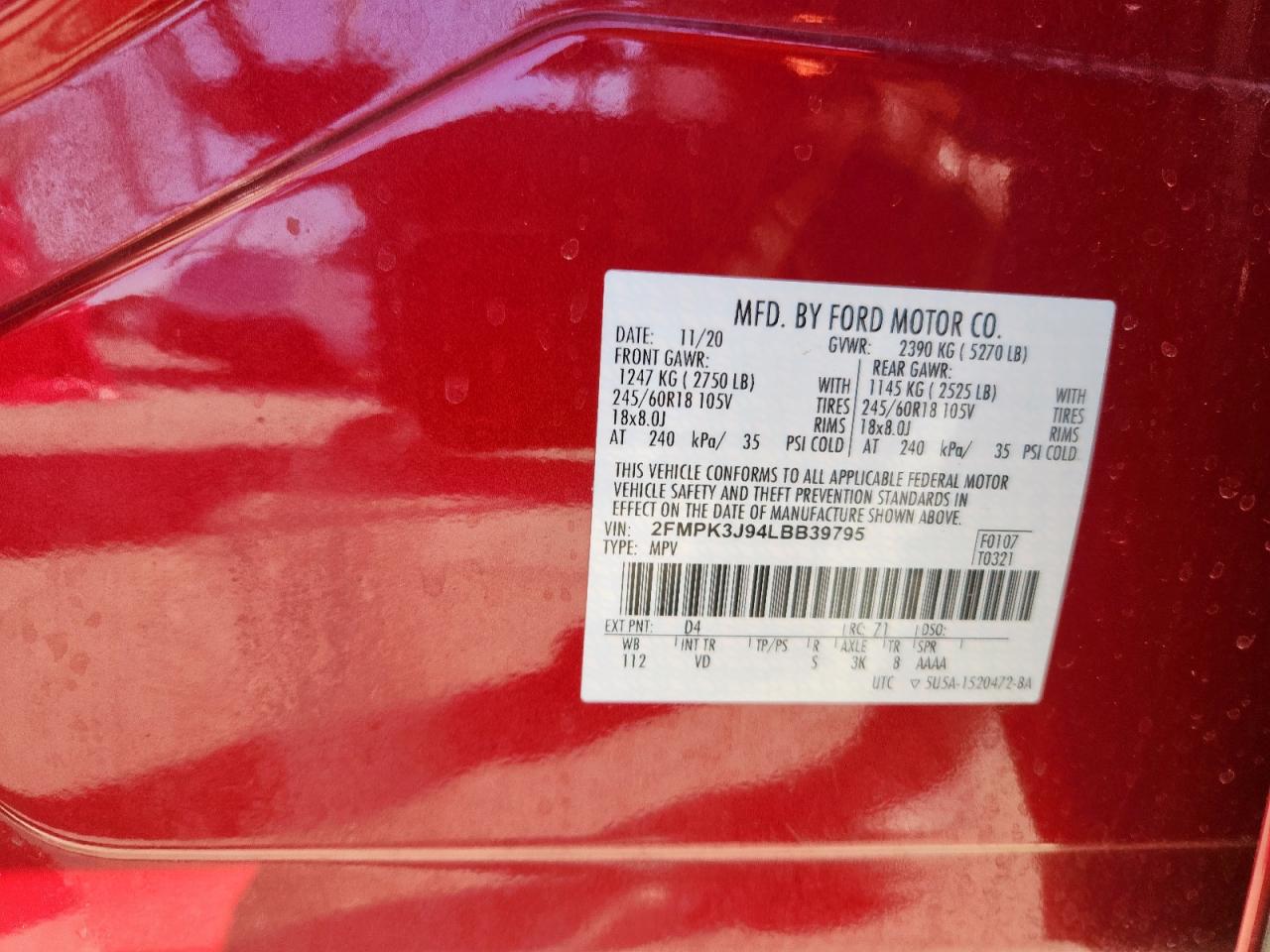 2020 Ford Edge Sel VIN: 2FMPK3J94LBB39795 Lot: 91675555