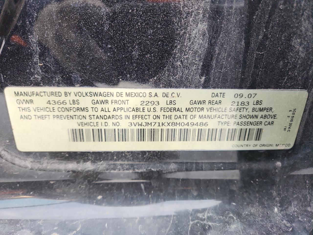 2008 Volkswagen Jetta S VIN: 3VWJM71KX8M049486 Lot: 91997425