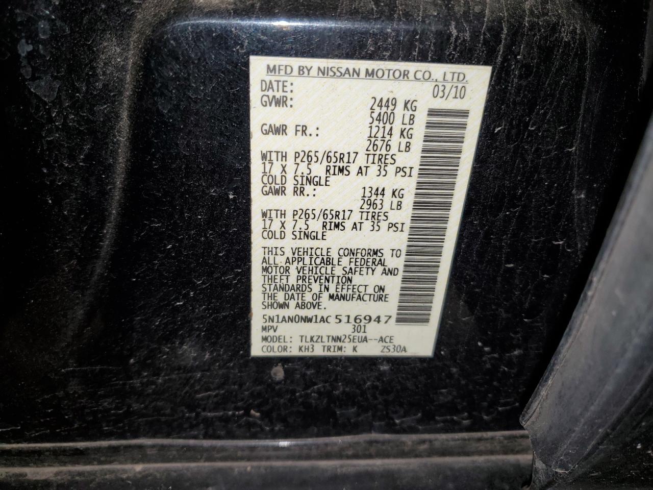 2010 Nissan Xterra Off Road VIN: 5N1AN0NW1AC516947 Lot: 93190575