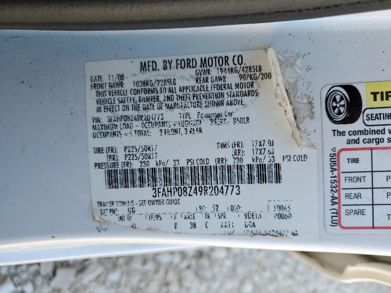 2009 Ford Fusion Sel VIN: 3FAHP08Z49R204773 Lot: 92395205