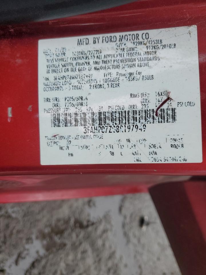 2008 Ford Fusion Se VIN: 3FAHP07Z08R197949 Lot: 93303705