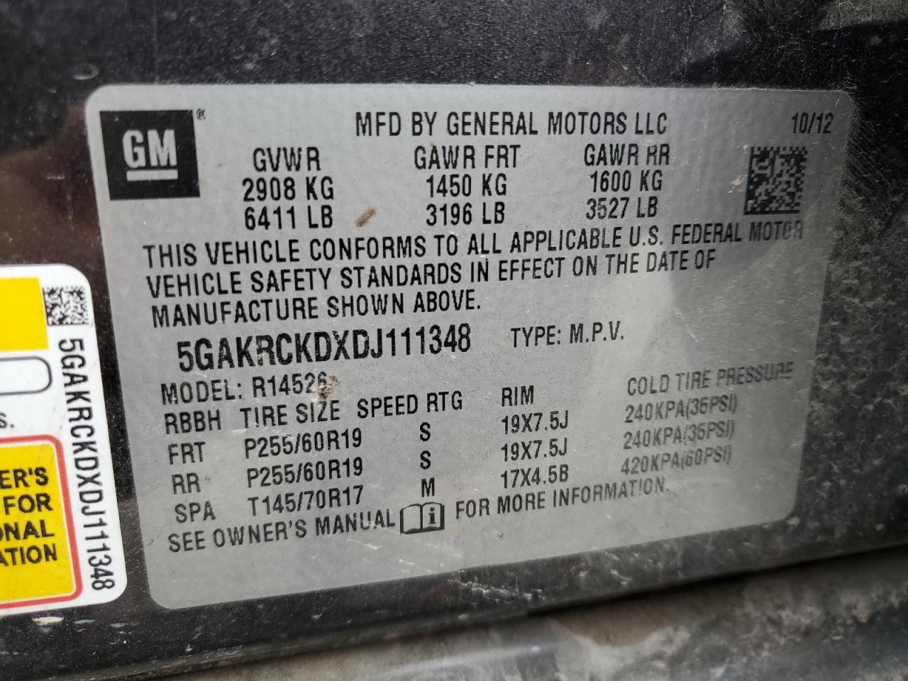 2013 Buick Enclave VIN: 5GAKRCKDXDJ111348 Lot: 91412245