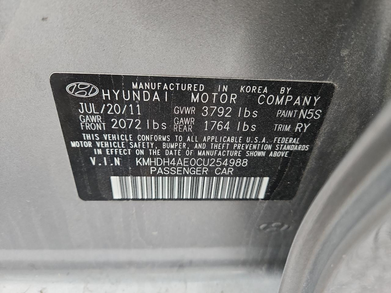 2012 Hyundai Elantra Gls VIN: KMHDH4AE0CU254988 Lot: 92407835