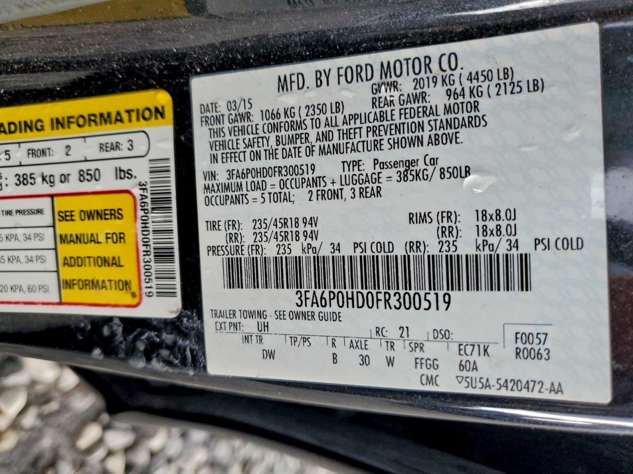 2015 Ford Fusion Se VIN: 3FA6P0HD0FR300519 Lot: 93932995