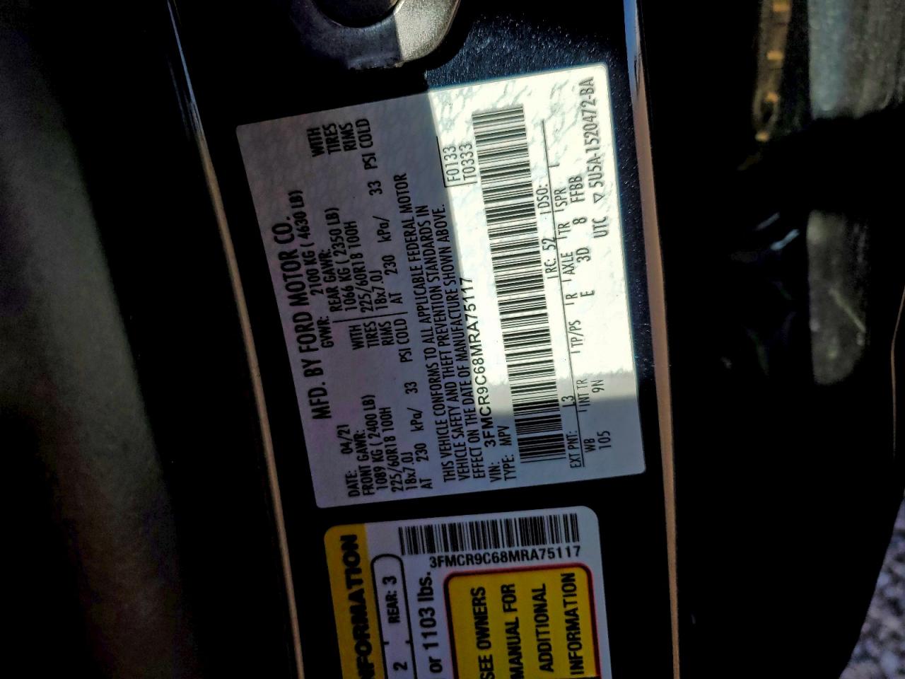 2021 Ford Bronco Sport Outer Banks VIN: 3FMCR9C68MRA75117 Lot: 90313555