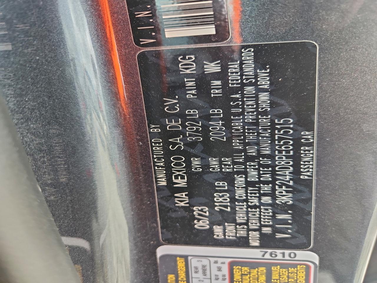 2023 Kia Forte Lx VIN: 3KPF24AD8PE657515 Lot: 94504745