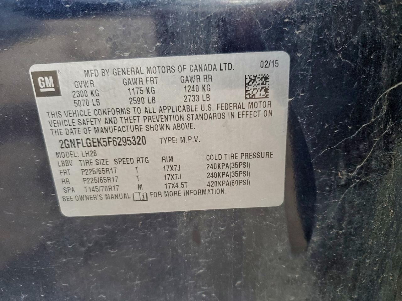 2015 Chevrolet Equinox Lt VIN: 2GNFLGEK5F6295320 Lot: 94639495