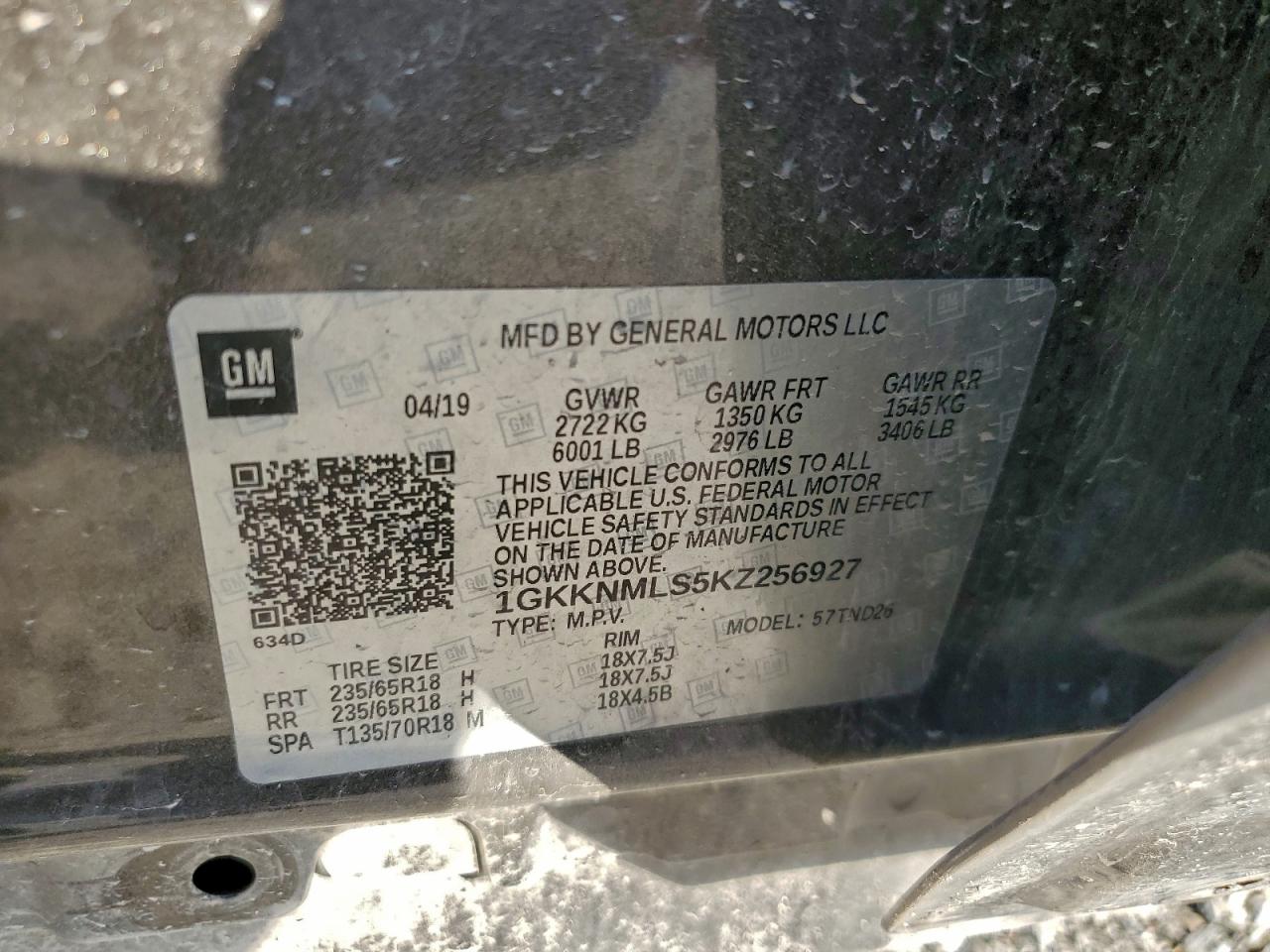 2019 GMC Acadia Slt-1 VIN: 1GKKNMLS5KZ256927 Lot: 94564035