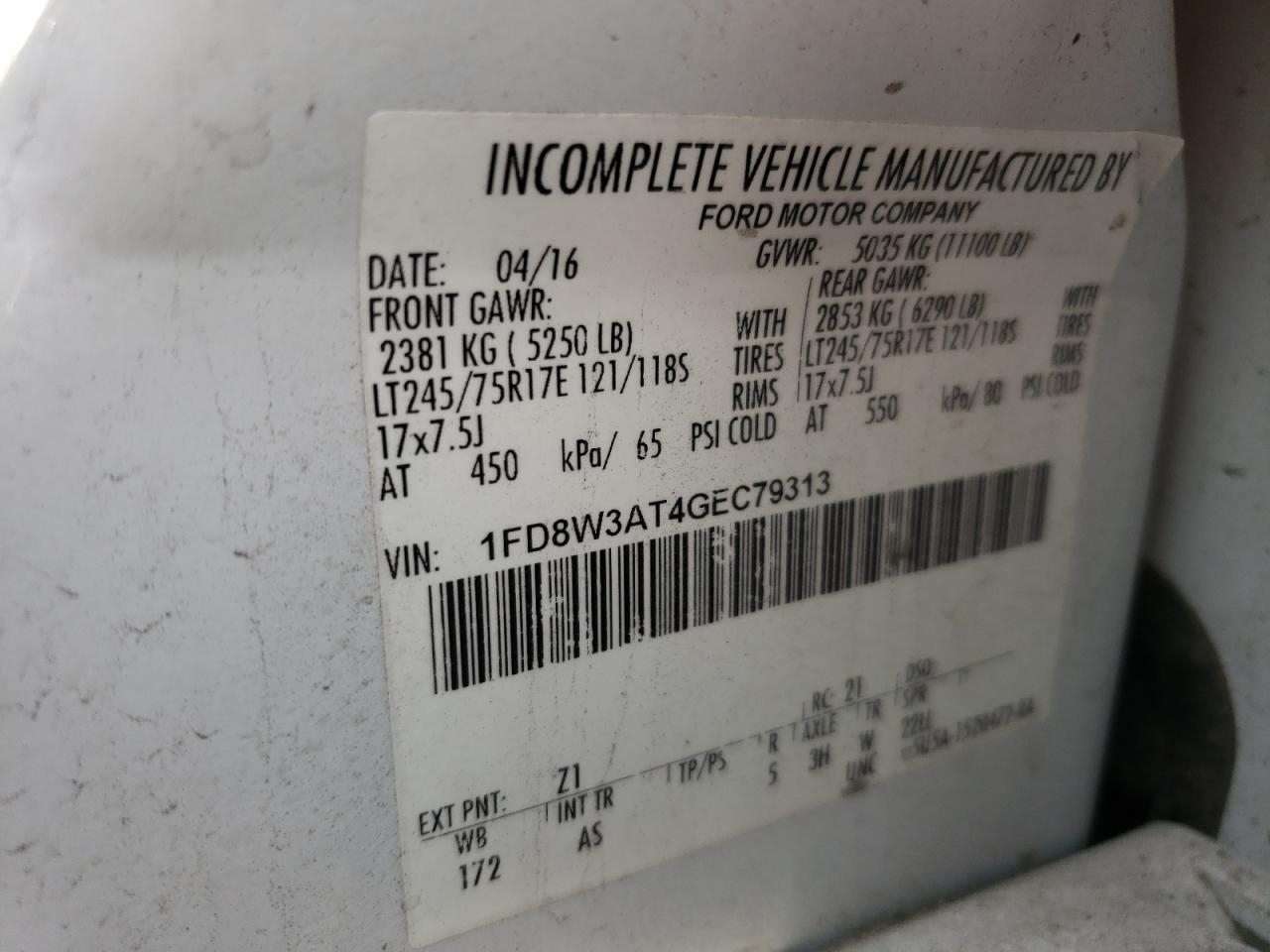 2016 Ford F350 Super Duty VIN: 1FD8W3AT4GEC79313 Lot: 91944405