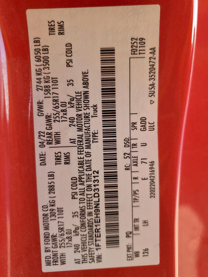 2022 Ford Ranger Xl VIN: 1FTER1EH9NLD31312 Lot: 91607755