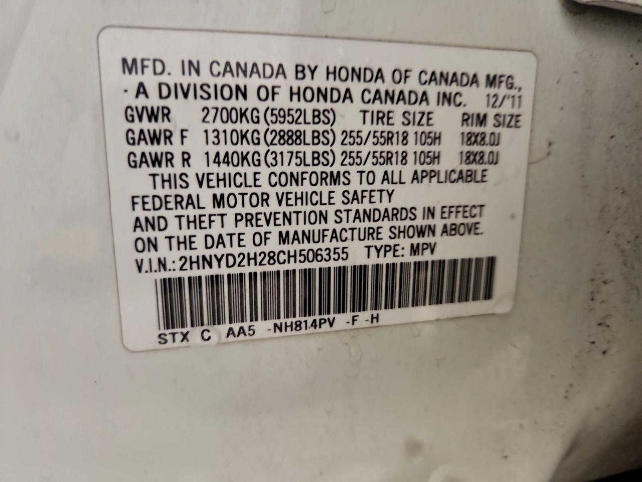 2012 Acura Mdx VIN: 2HNYD2H28CH506355 Lot: 93812755