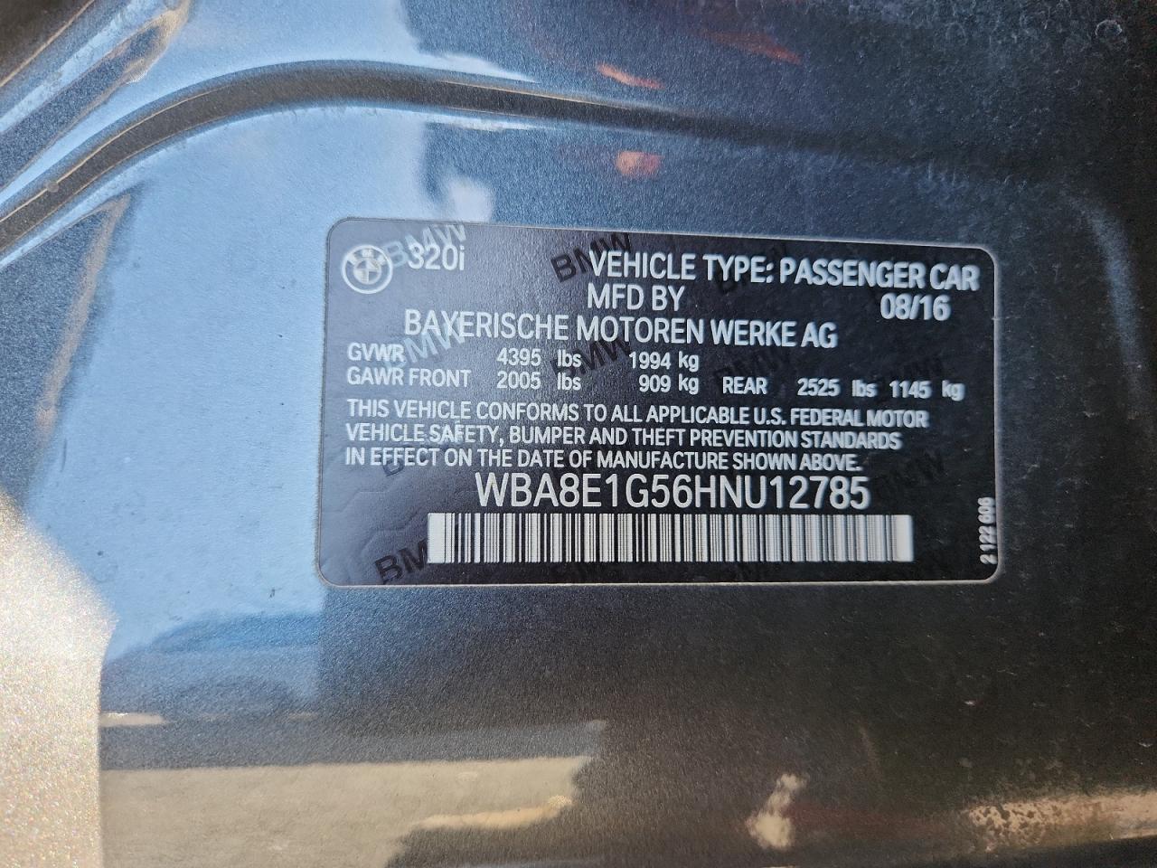 2017 BMW 320 I VIN: WBA8E1G56HNU12785 Lot: 93364205