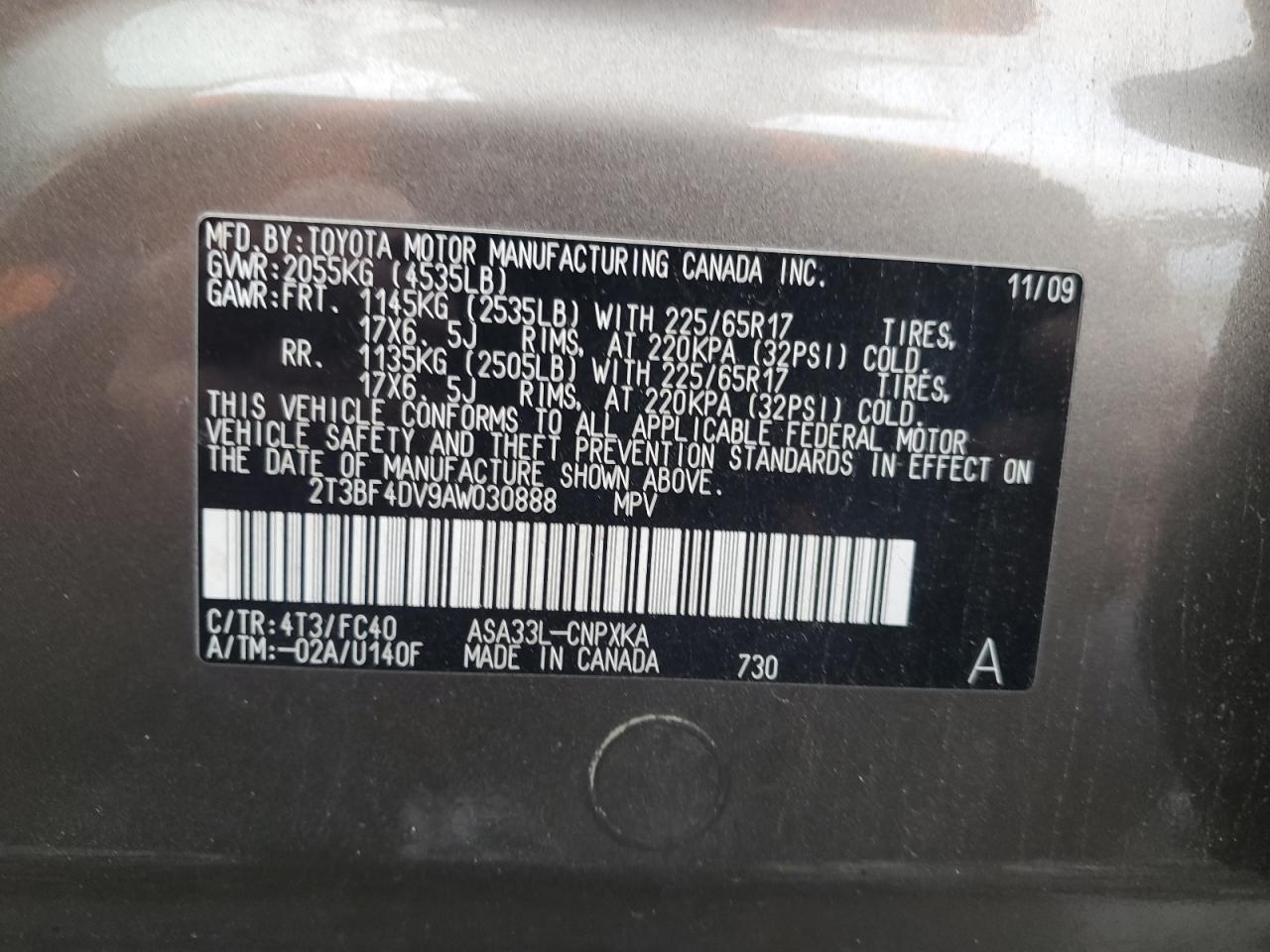 2010 Toyota Rav4 VIN: 2T3BF4DV9AW030888 Lot: 93278865