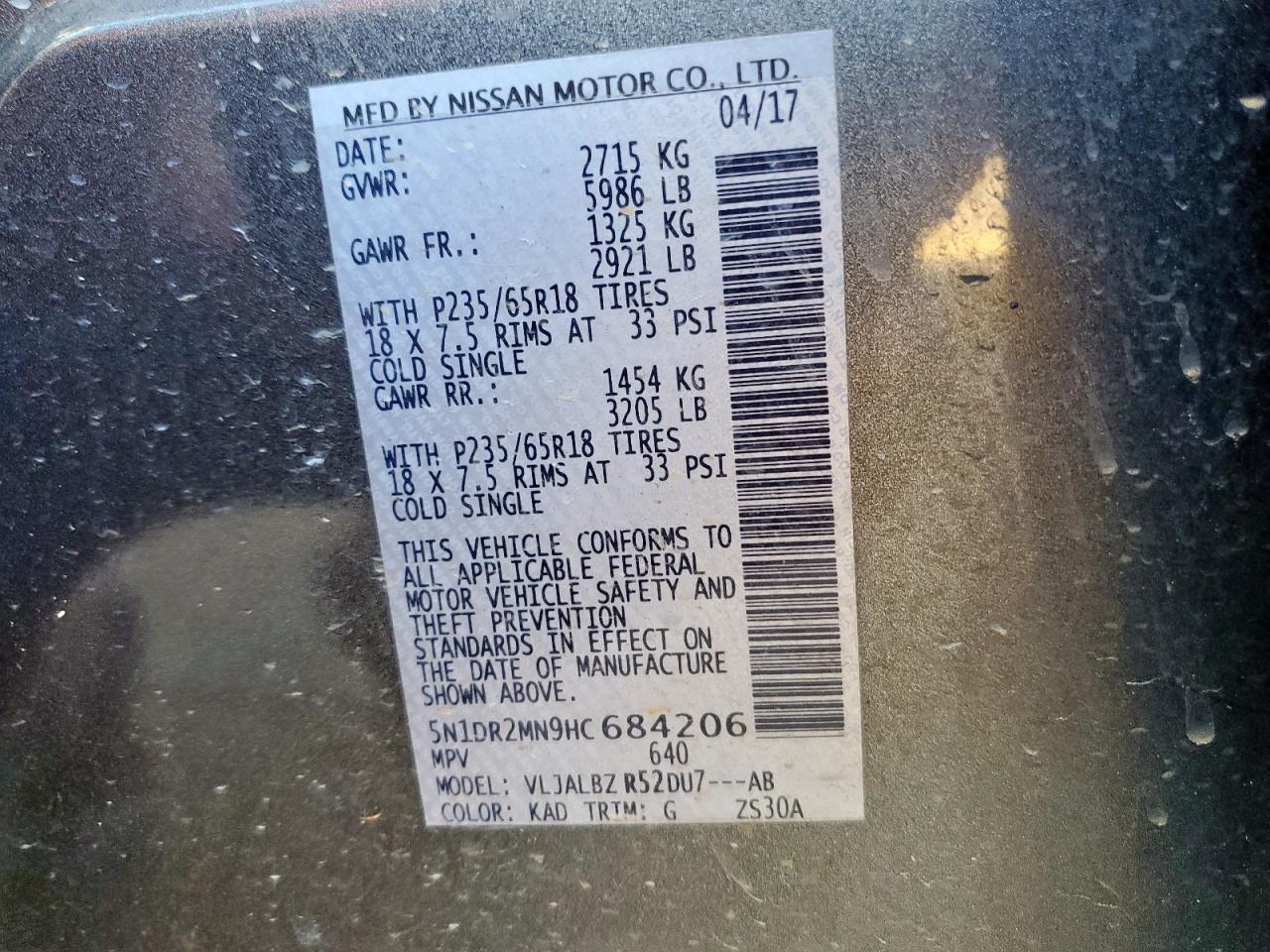 2017 Nissan Pathfinder S VIN: 5N1DR2MN9HC684206 Lot: 92118025