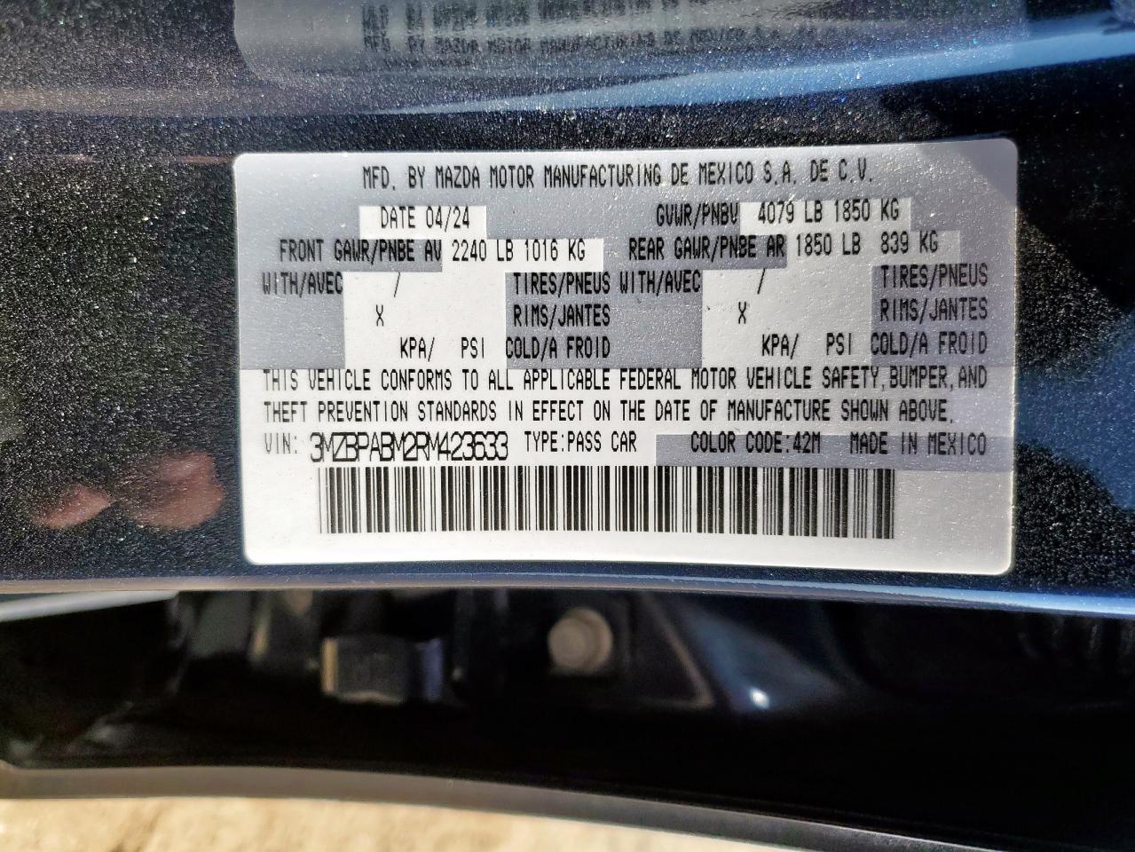 2024 Mazda 3 Select Sport VIN: 3MZBPABM2RM423633 Lot: 93130495