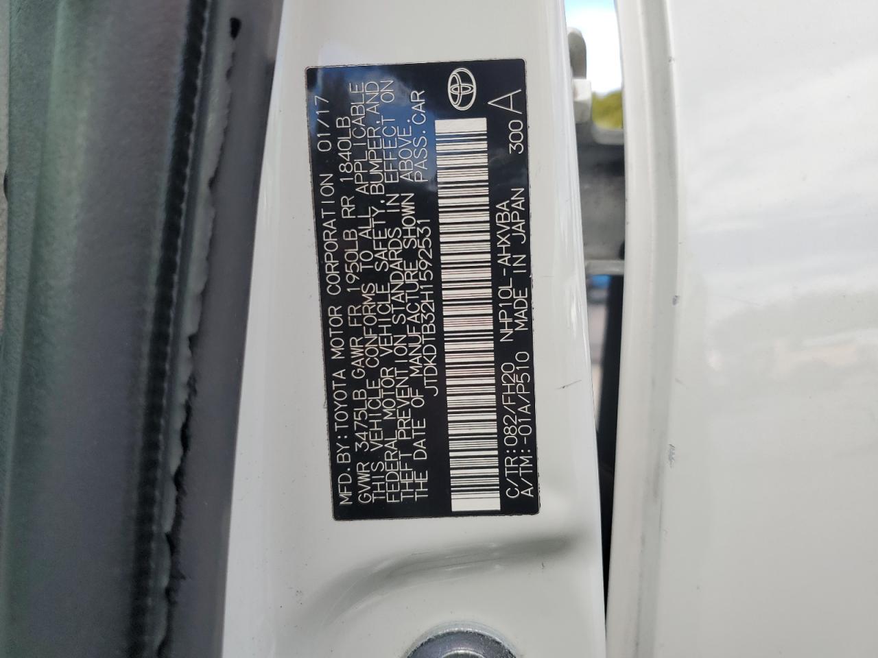 2017 Toyota Prius C VIN: JTDKDTB32H1592531 Lot: 91737085