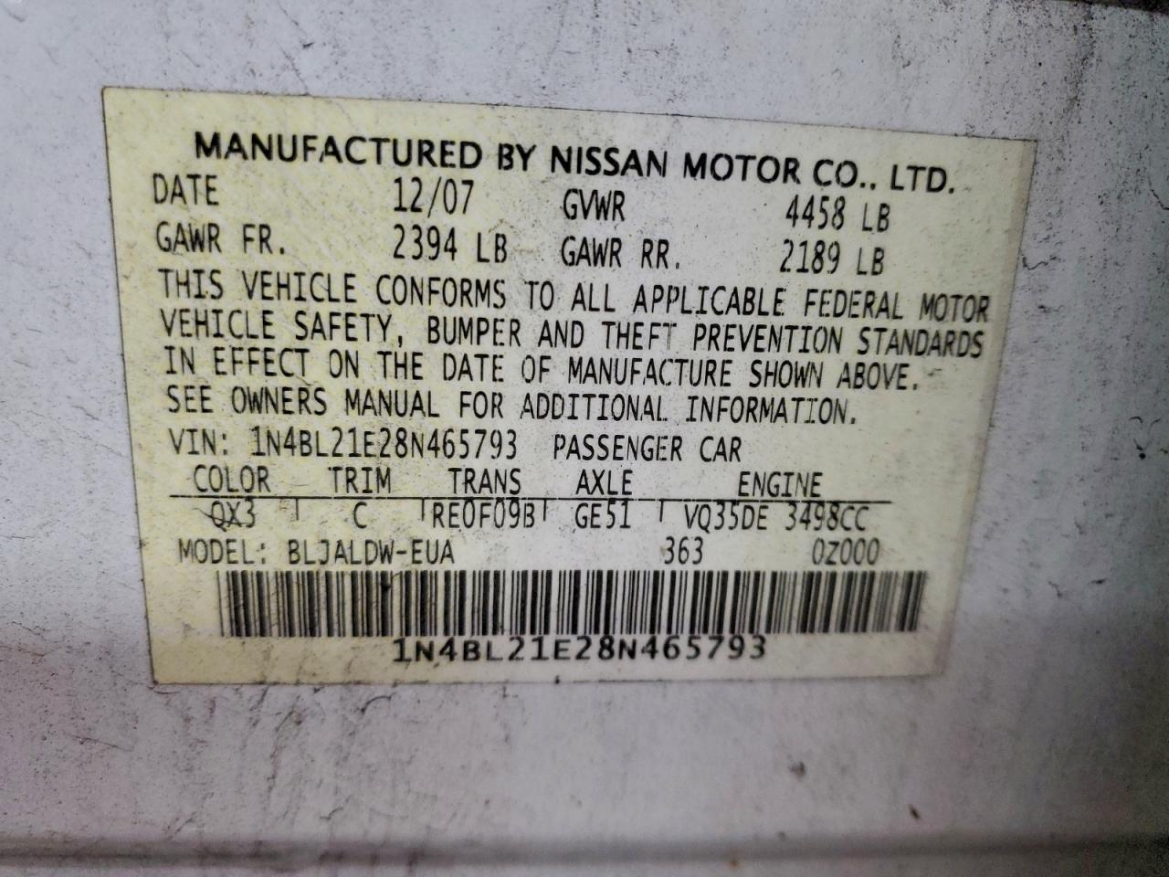 2008 Nissan Altima 3.5Se VIN: 1N4BL21E28N465793 Lot: 94027335