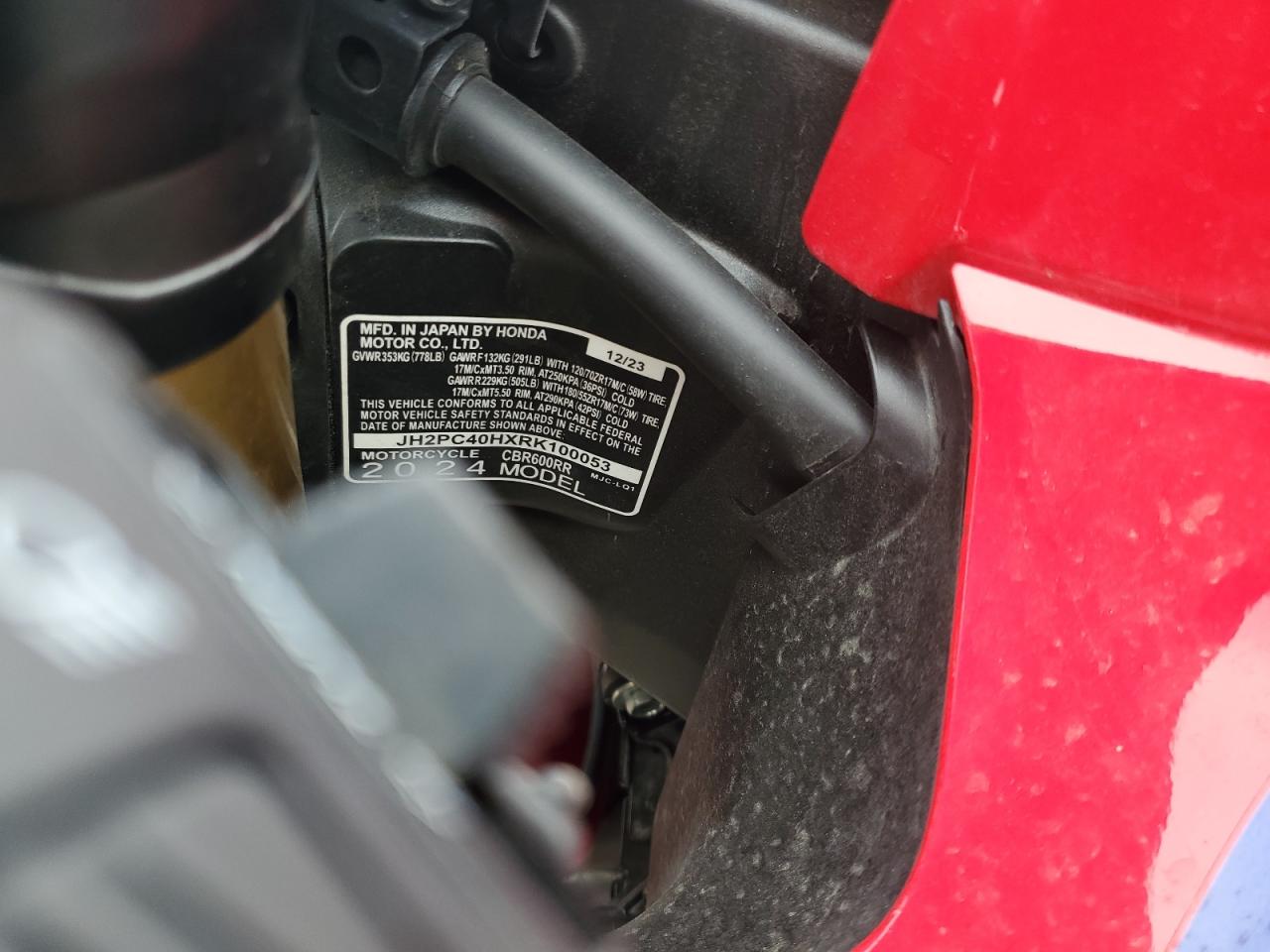 2024 Honda Cbr600 Rr VIN: JH2PC40HXRK100053 Lot: 92694725