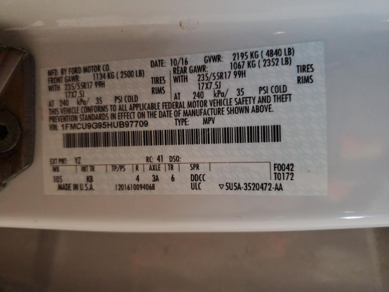 2017 Ford Escape Se VIN: 1FMCU9G95HUB97709 Lot: 92441785