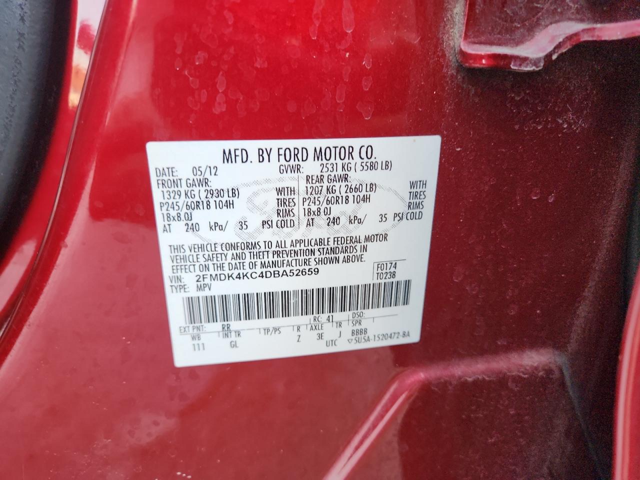 2013 Ford Edge Limited VIN: 2FMDK4KC4DBA52659 Lot: 93101635