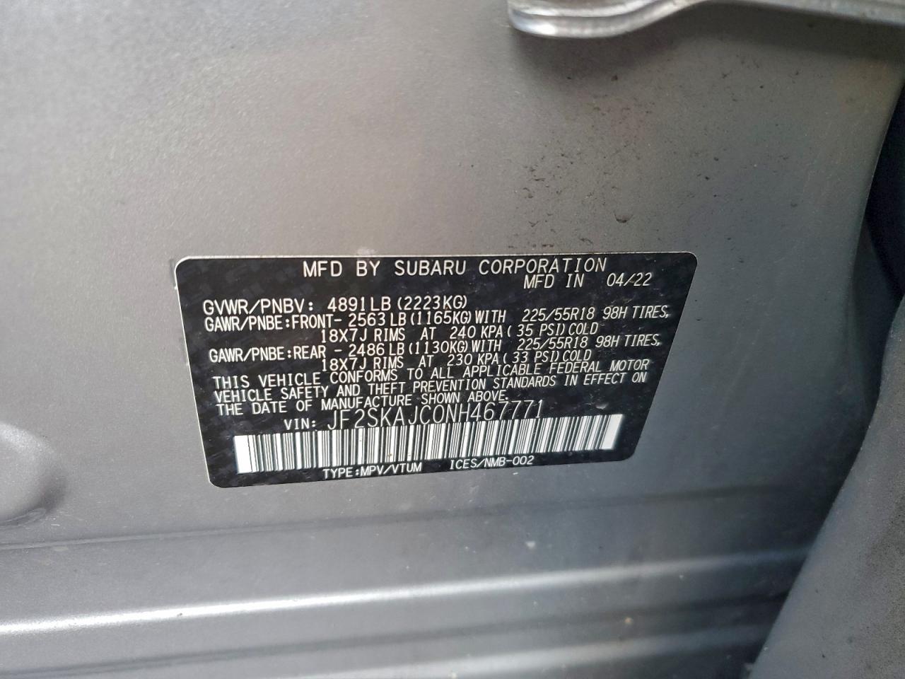 2022 Subaru Forester Sport VIN: JF2SKAJC0NH467771 Lot: 93254675