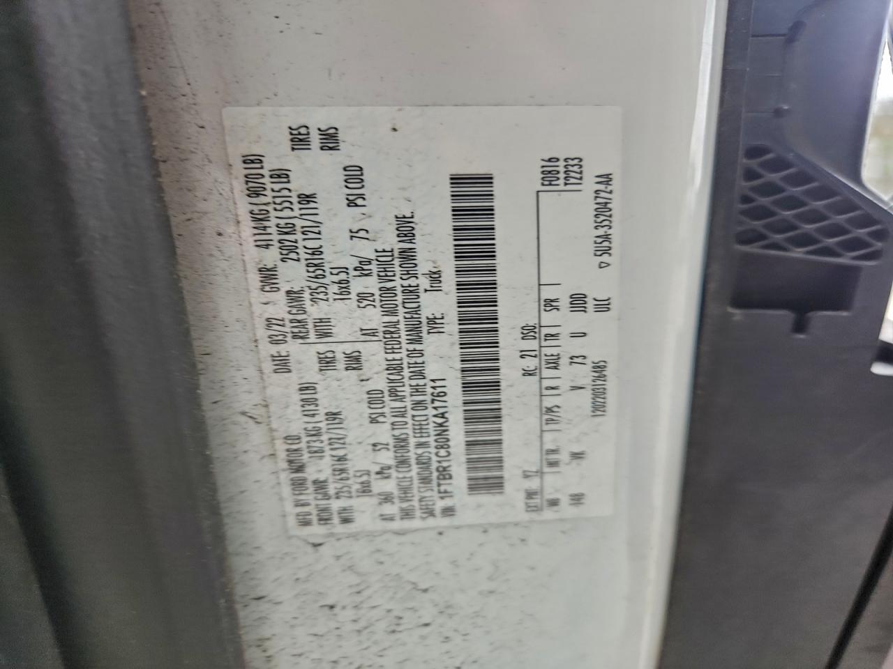 2022 Ford Transit T-250 VIN: 1FTBR1C80NKA17611 Lot: 94489675