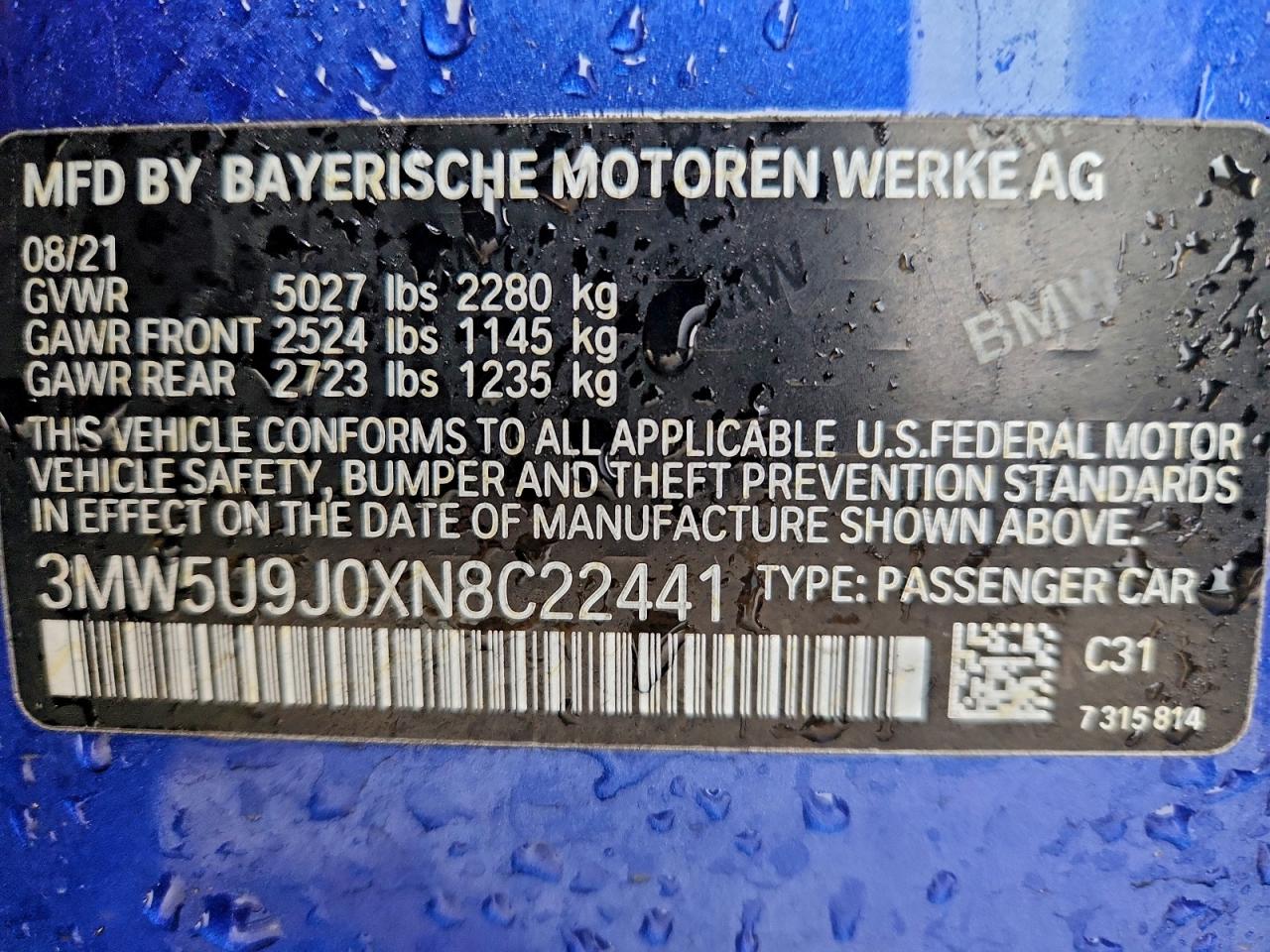 2022 BMW M340Xi VIN: 3MW5U9J0XN8C22441 Lot: 94176435